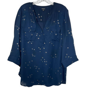 Torrid Women's Blouse Navy Blue - Silver Star Print Sheer Top Size 1 (1X/14-16)
